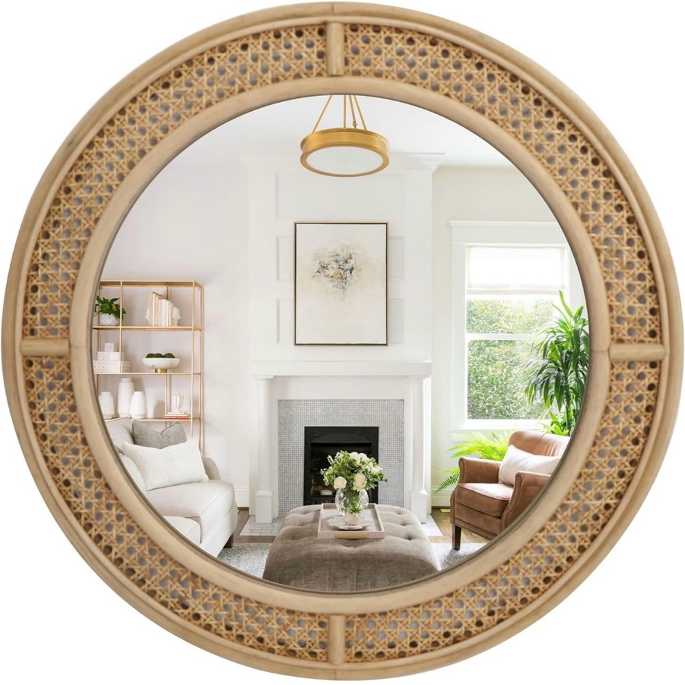 NEW West Elm Large Round Mirror Wicker Rattan Boho Wall Hanging Decor - 24” Diam - Picture 2 of 9